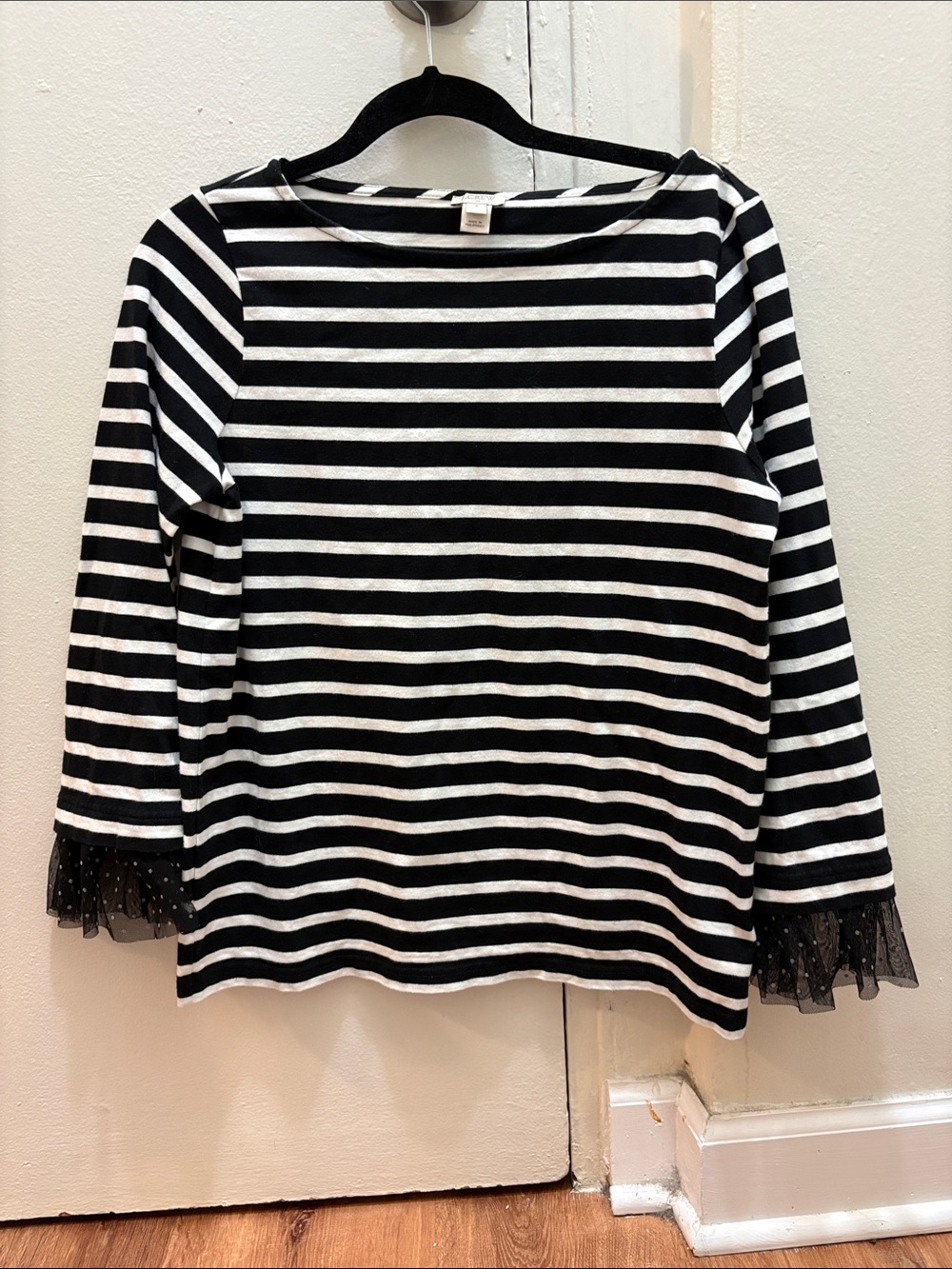 J. Crew Factory Black & White Striped Long Sleeve Top with Tulle Dot Cuffs Small